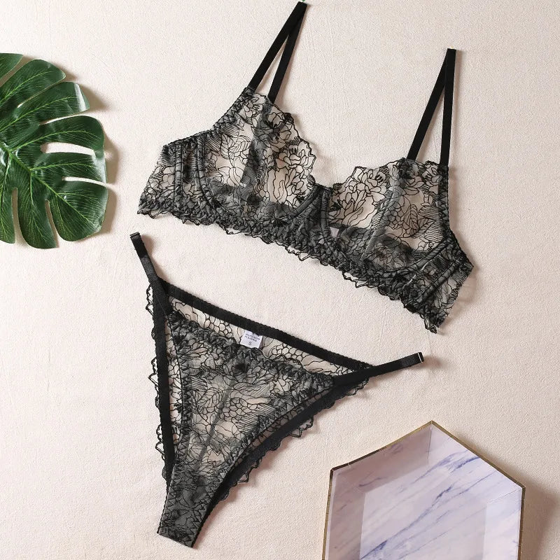 women's sexy solid color flower sexy lingerie sets party sheer bra low waist thong sexy lingerie