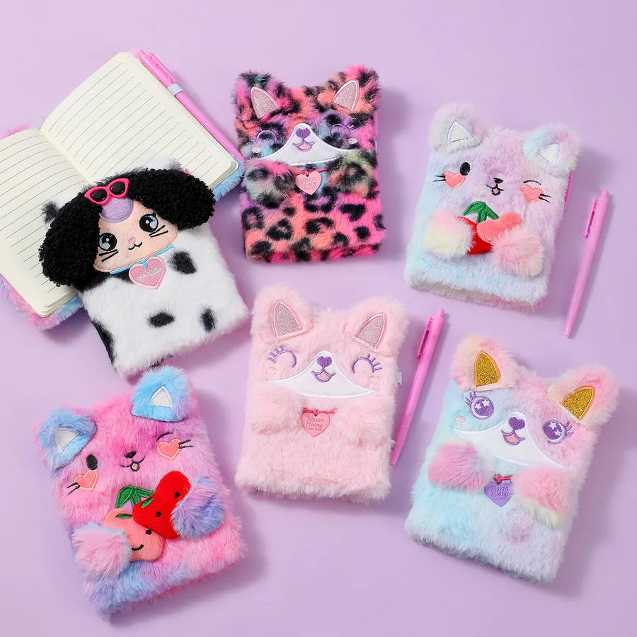 Cartoon Plush Cat Dog Notebook Set Of 2 With Pen Children's Cute Writing Notebook Gift Book Colorful Furry Leopard Pattern