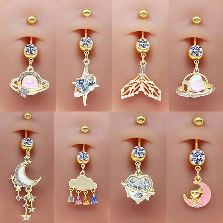 casual cute commute sunflower starry sky snowflake stainless steel copper plating inlay rhinestones zircon white gold plated gold plated belly ring