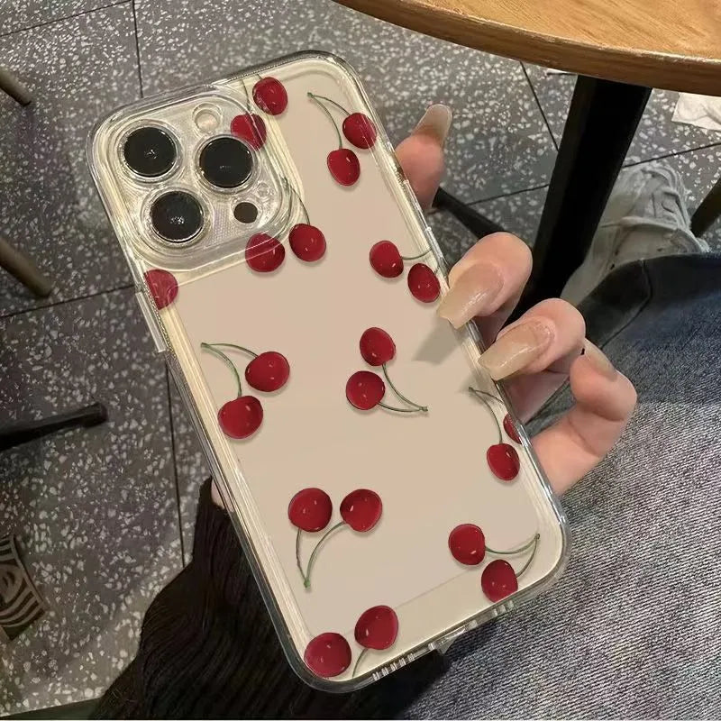 Thickened Transparent Protective Phone Case For iPhone 16 Pro Max Cherry Design Simple Style Anti-Fall Apple 15 Compatible