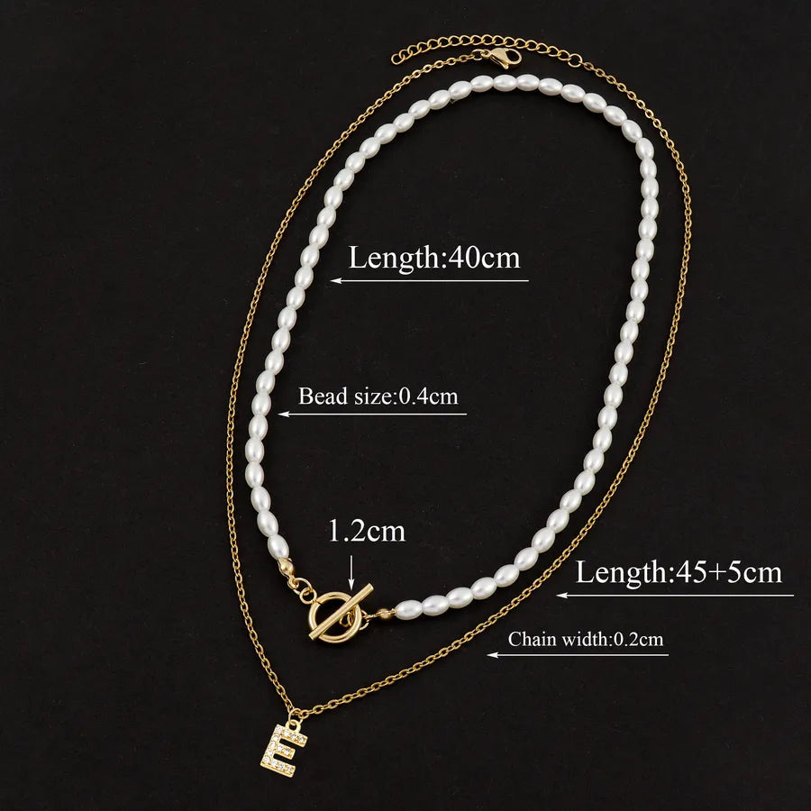 Elegant Simple Style Classic Style Letter Zircon 201 Stainless Steel Artificial Pearl Copper Beaded Chain cable chain Beaded Necklaces Wholesale
