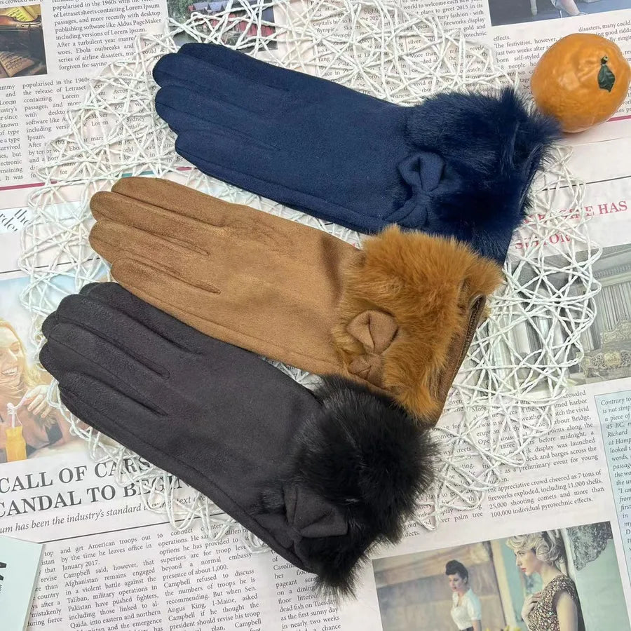 Women's Winter Touchscreen Gloves Rabbit Fur Lined Warm Suede Cycling Gloves Stylish Basic European Simple Design