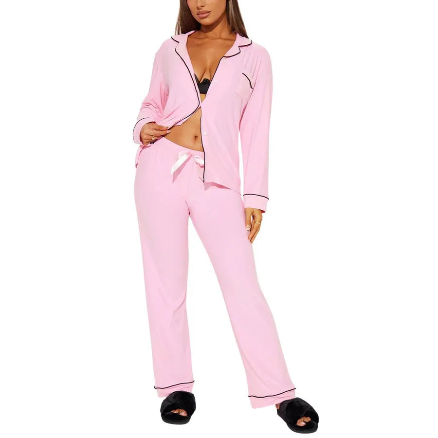 New Women's Sleepwear Casual Long Sleeve Pants Set Autumn Winter Home Clothes Two-Piece Set Striped Pure Color Basic Style