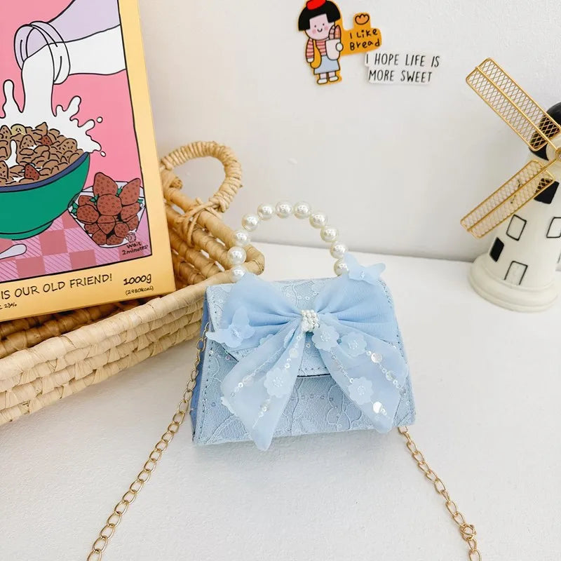 New Children's Bag Crossbody Bag Fashion Pearl Handbag Lace Bow Girl Princess Accessories Bag