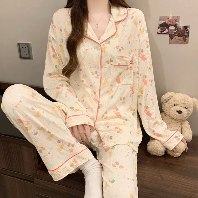 Spring Edition Pleated Fabric Sleepwear Long Sleeve Home Clothes Set For Women Sweet Cute Style Casual Breathable Polyester Milk Silk