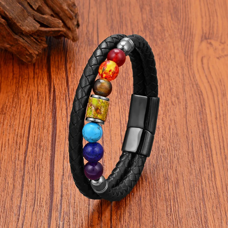 Casual Simple Style Round Leather rope Stone Metal Beaded Unisex Bracelets
