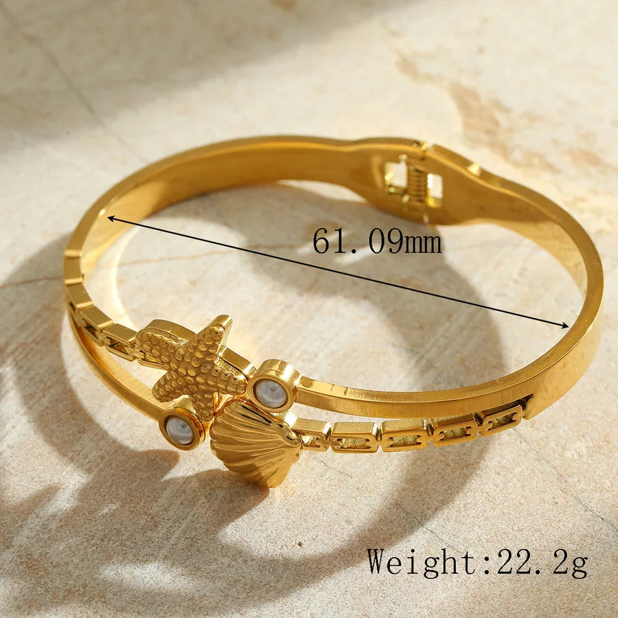 Casual Marine Style Simple Style Starfish Shell Fish 304 Stainless Steel 18K Gold Plated Imitation Pearl Bangle In Bulk