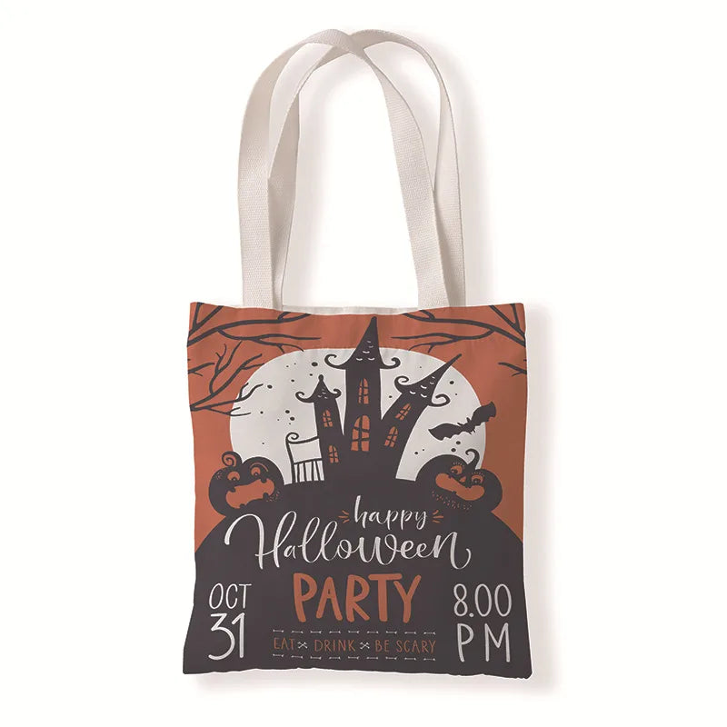 Halloween Unisex Medium Canvas Pumpkin Letter Elegant Streetwear Square Open Canvas Bag