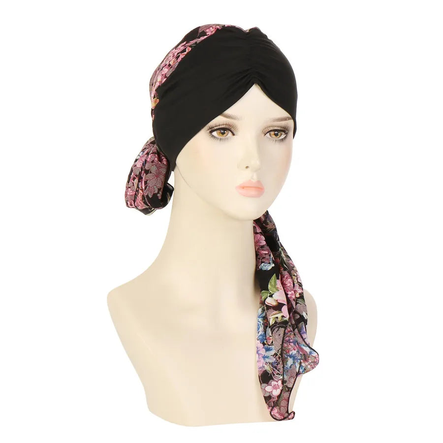 Fashionable Floral Print Chiffon Long Tail Headscarf Hat Women's Head Wrap Cap Winter Summer Spring Seasonal All-Match Hat