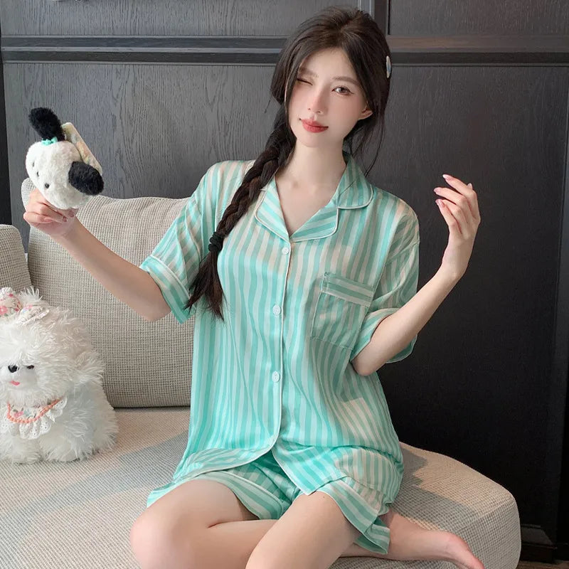 Elegant Ice Silk Sleepwear Women's Summer Butterfly Print Short Sleeve Home Clothes Set Can Be Worn Outside Breathable Casual