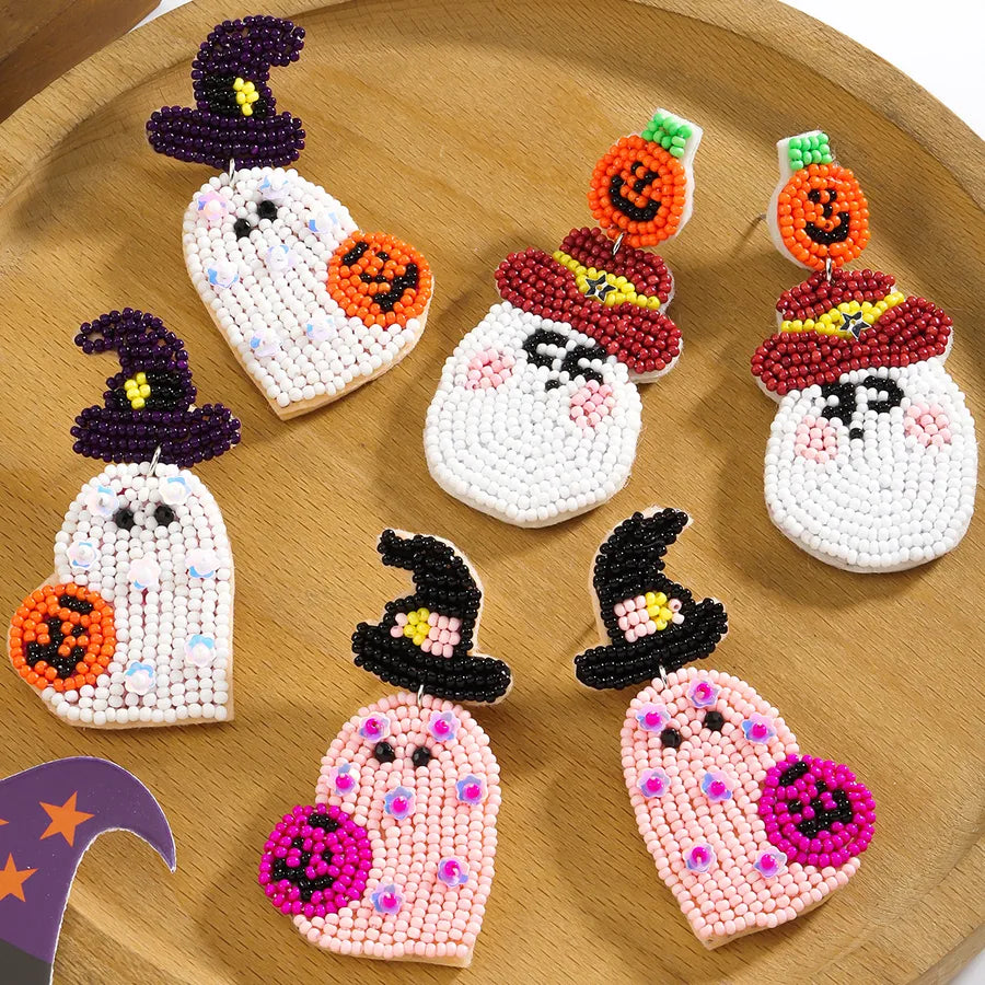 Cute Funny Multi-Color Beaded Ghost Shape Bead Earrings Halloween Makeup Party Ear Studs Earrings