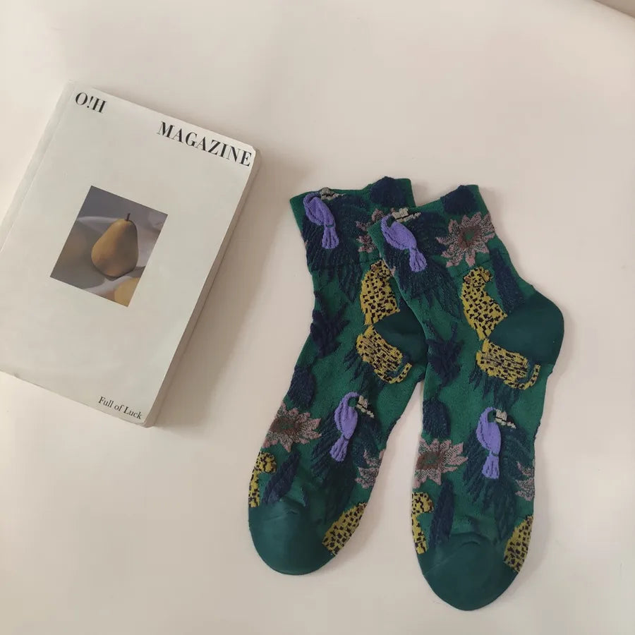 A Pair Casual Women's Printing Flower Cotton Crew Socks