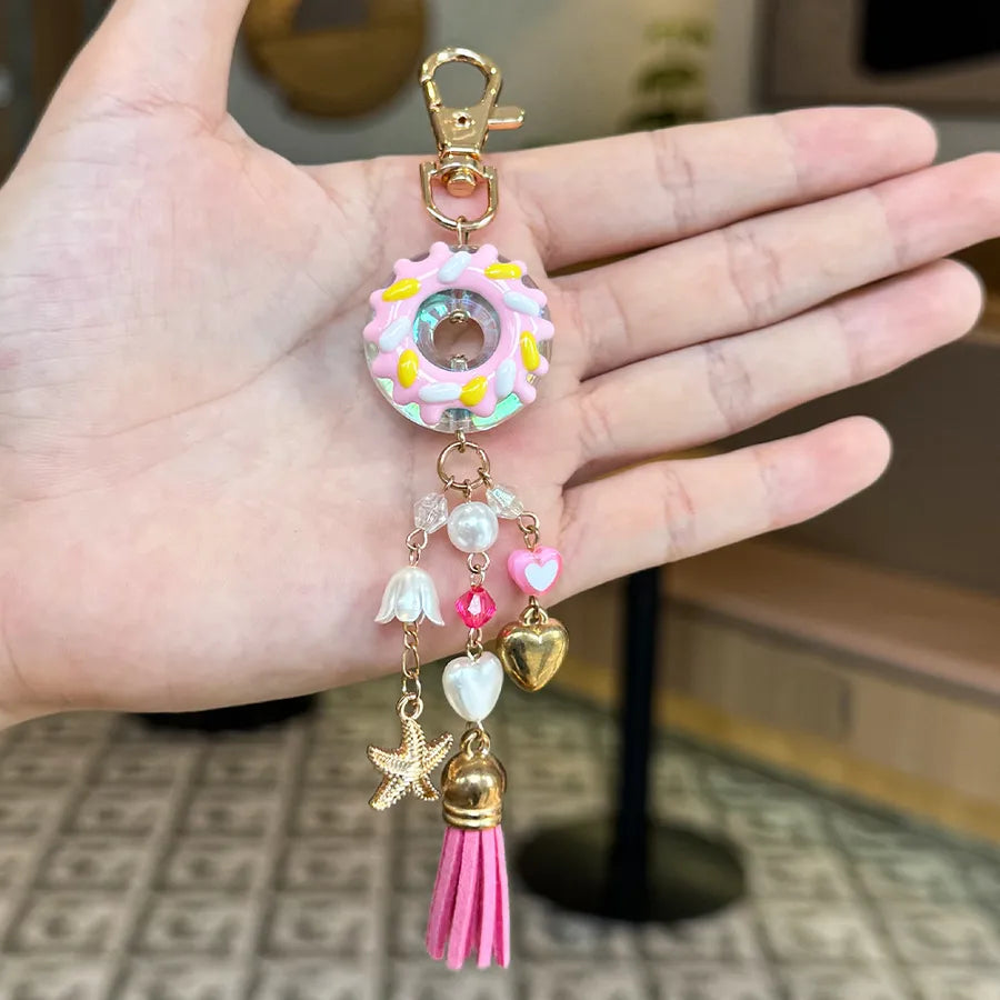 Cute Metal Keychain Pendant Beaded Bookbag Girl's Bag Charm  Style Cartoon Design Half Handmade Flower