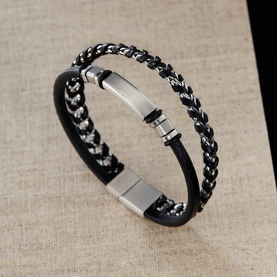 Retro Solid Color 304 Stainless Steel Pu Leather Men's Bracelets Men Cord & Leather Bracelets