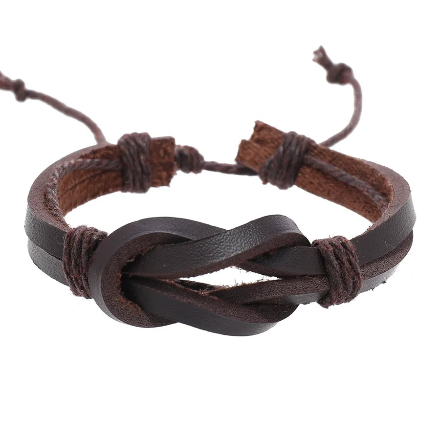 retro simple style knot pu leather wax rope men's wristband