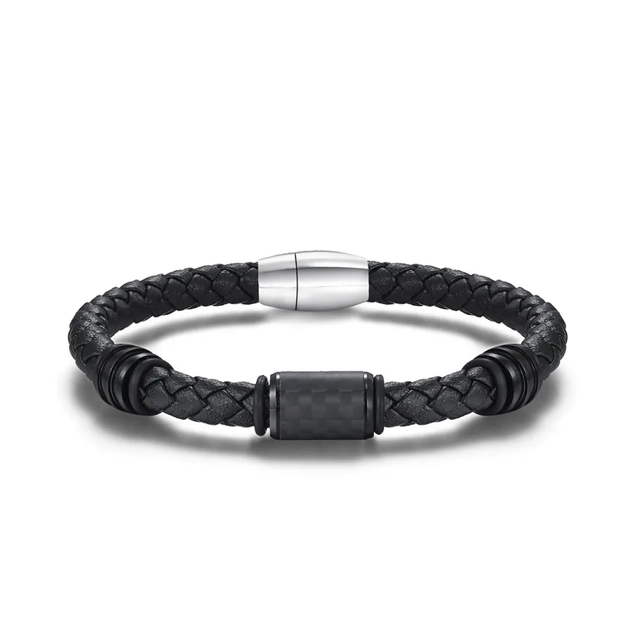 Men's Solid Carbon Fiber Leather Bracelet Wrist Ring in Stock Wholesale Titanium Steel Ornament  Support One Piece Dropshipping