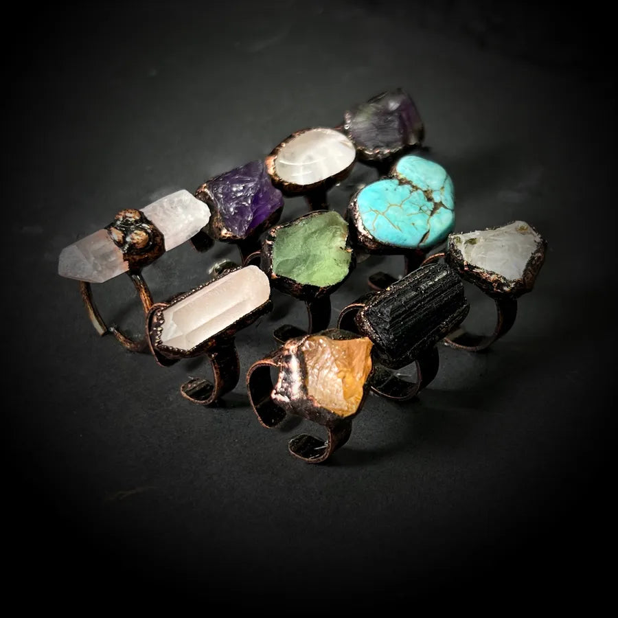 Hip-Hop Retro Geometric natural stone Crystal Fluorite Bronze Plating Open Rings In Bulk