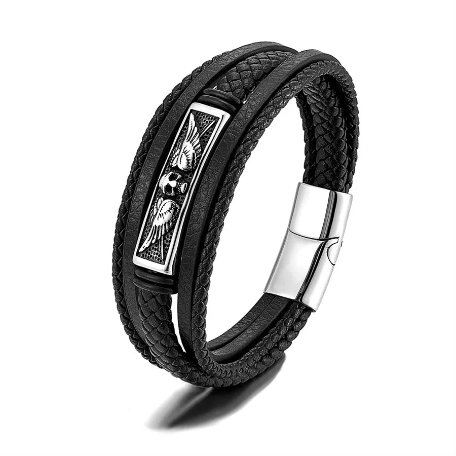 New Fashion Multi-Layer Leather Cord Bracelet Retro Men's Stainless Steel Leather Bracelet Punk Jewelry