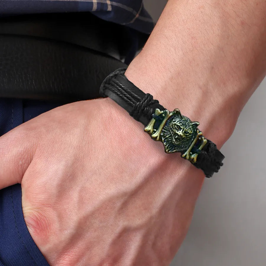 Hip-Hop Simple Style Classic Style Wolf Alloy Leather Braid Alloy Men's Bracelets