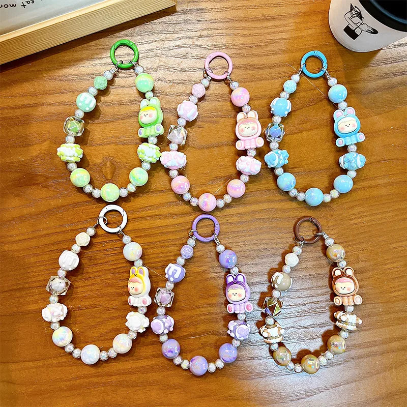 Cute Cartoon Mobile Phone Chain Dopamine Handmade Beaded Key Holder Wristband Style Girls Keychain Acrylic Cute Style