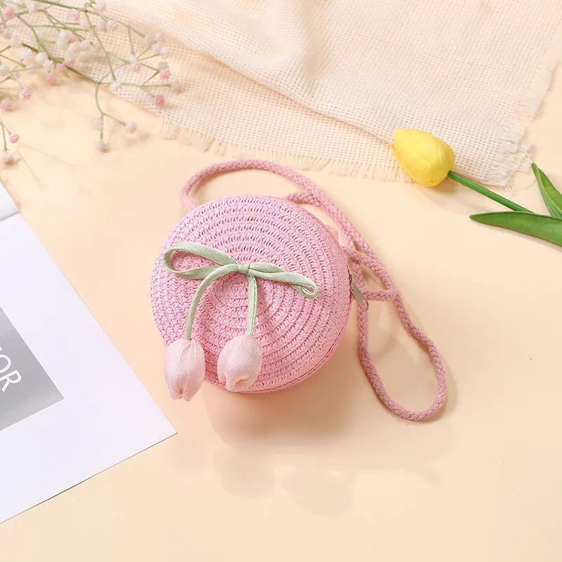 Summer Beach Seaside Tulip Straw Woven Bag  New Children Flower Straw Bag Mobile Phone Crossbody Bag