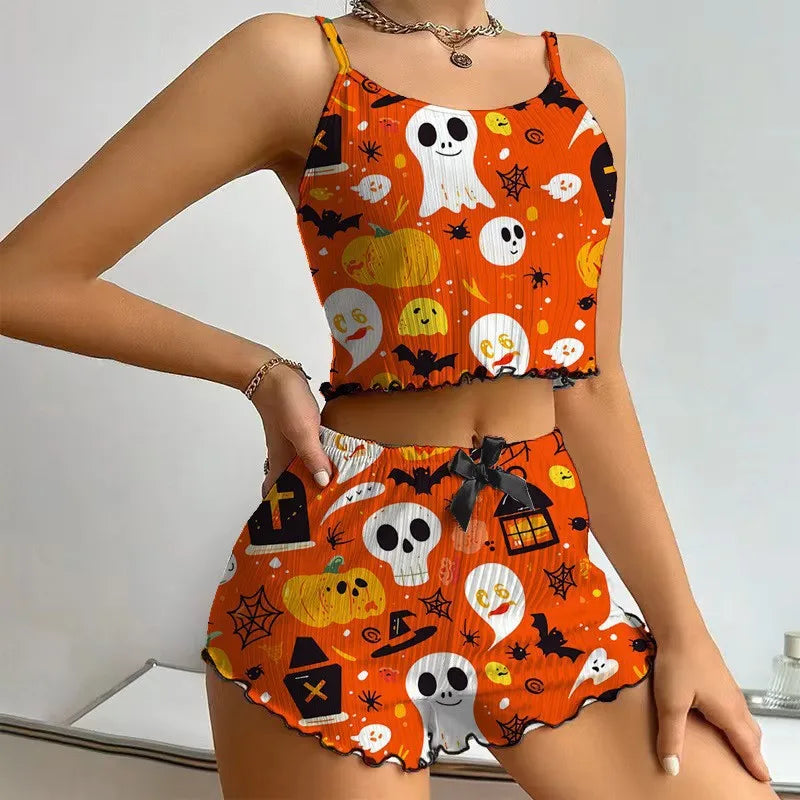 Halloween  Printed Sleeveless Sling Top Women's Suit Spice Girls Short Sexy Sling Sling Shorts for Hair