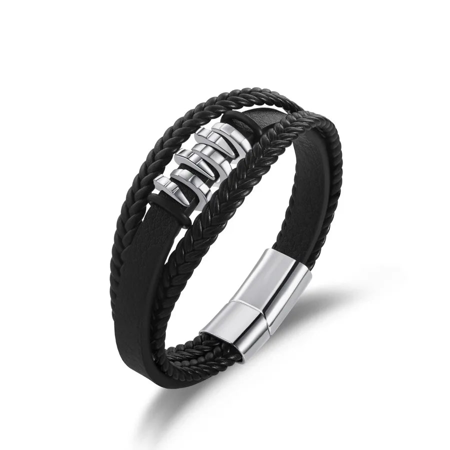 Retro Punk Solid Color 304 Stainless Steel Pu Leather Men's Bangle Men Cord & Leather Bracelets