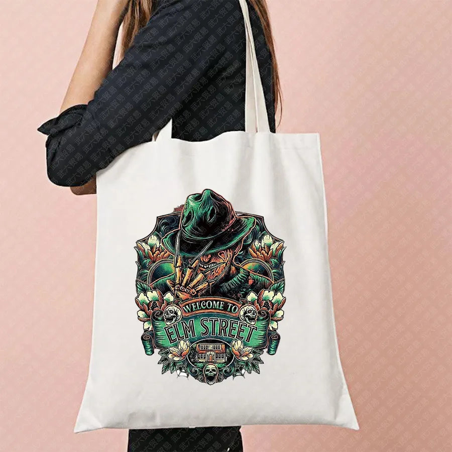Halloween Witch Pattern Canvas Tote Bag Reusable Shopping Bag For Commuting Traveling Women Large Square Fashionable Bag