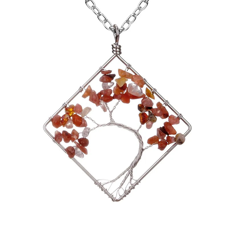 fashion square tree natural stone crystal metal beaded hollow out pendant necklace 1 piece