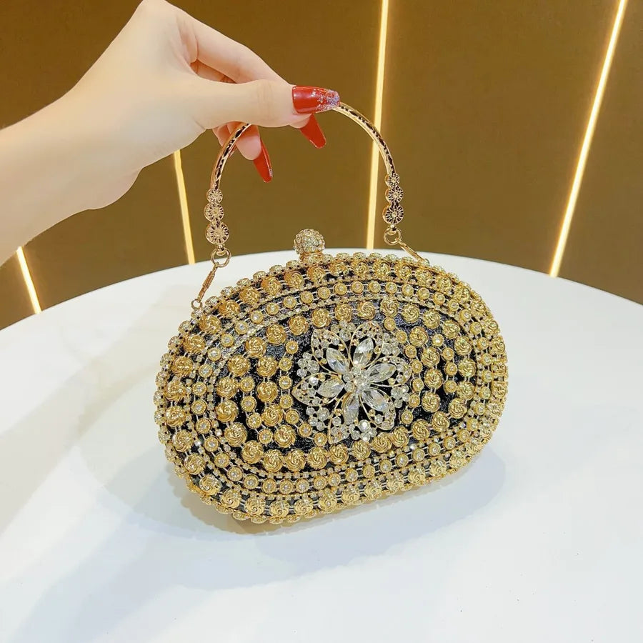 Elegant Evening Clutch Bag With Diamond Embellishments For Women Handbag Fashionable Chain Detail Polyester Oval Shell Bag