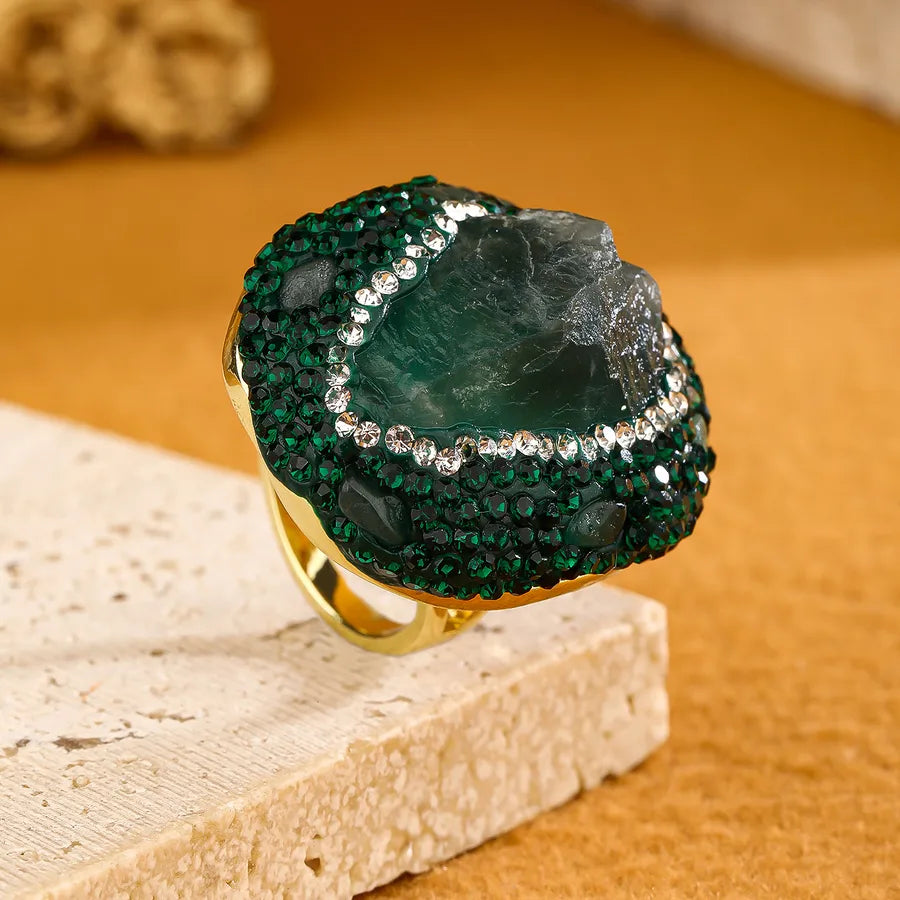 Elegant Vacation Handmade Irregular natural stone Crystal Copper Asymmetrical Irregular Natural Stone Crystal 14K Gold Plated Women's Open Rings