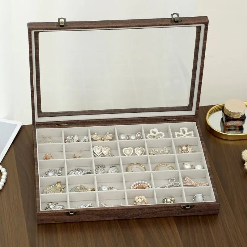 Retro Style Wooden Texture Leather Jewelry Box With Glass Lid Dustproof Storage For Rings Necklaces Bracelets Accessories Display