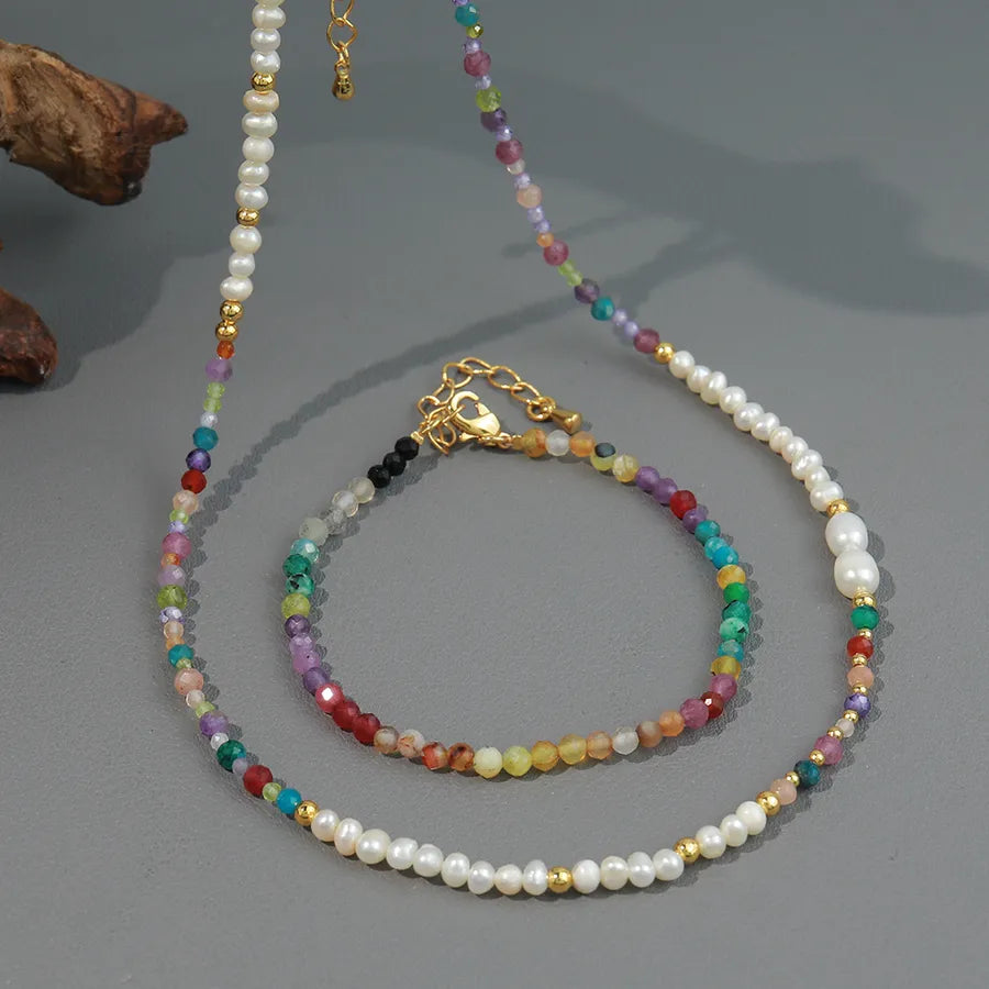 Vacation Classic Style Round natural stone Freshwater Pearl Copper 18K Gold Plated Bracelets Necklace In Bulk