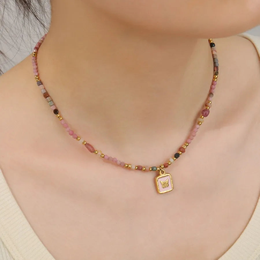 Elegant Vacation Ethnic Style Round Square natural stone Titanium Steel 18K Gold Plated Necklace In Bulk