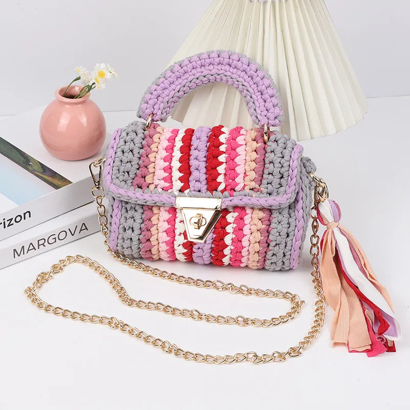 INS Internet Celebrity  Hot Selling Hand Crocheted Women's Bag, Contrast Color Cloth Stripe Woven Crossbody Bag, Rainbow Color Shoulder