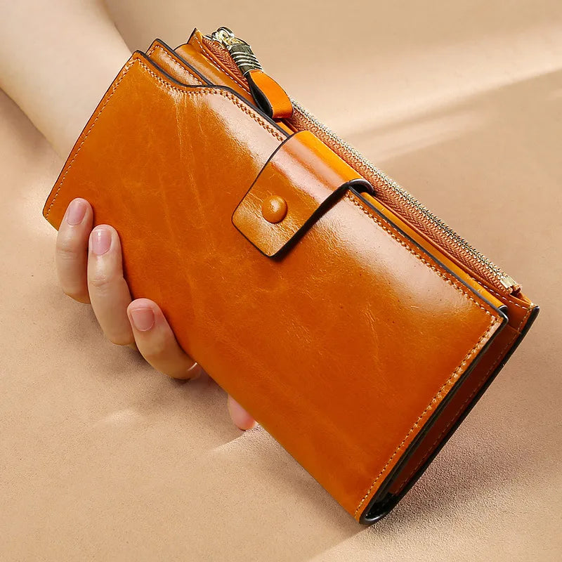 Genuine Leather Long Women's Wallet rfid Anti-theft Brush Multi-card Wallet Vintage Oil Wax Leather Girl's Clutch