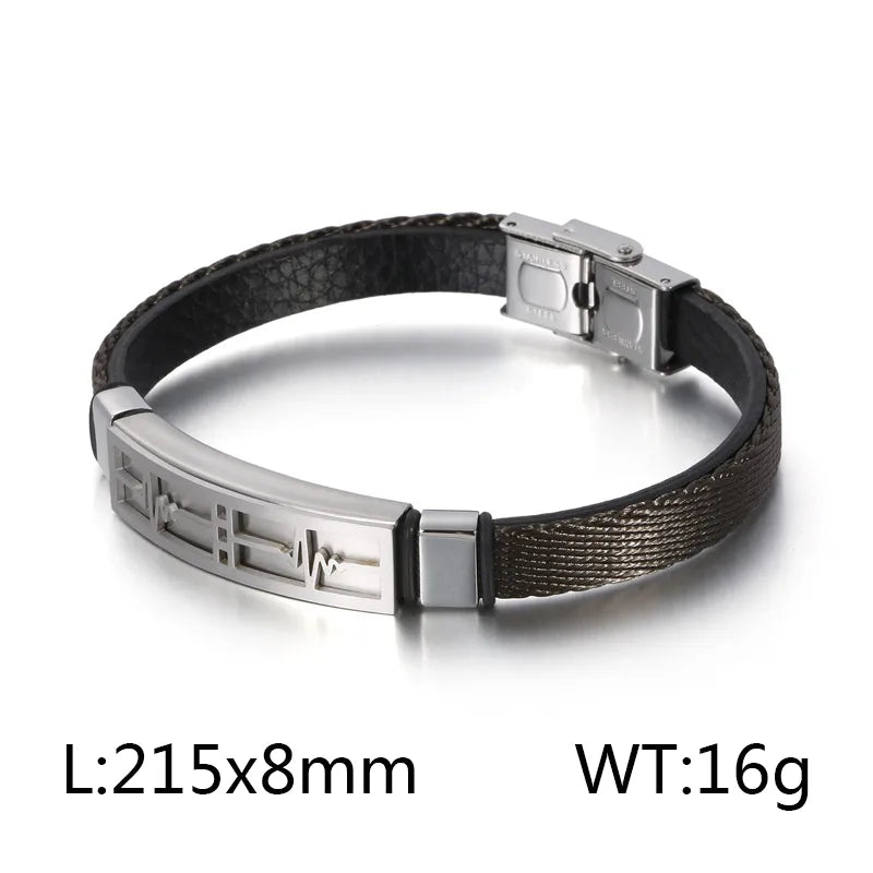 hip-hop retro color block pu leather titanium steel plating gold plated men's bangle