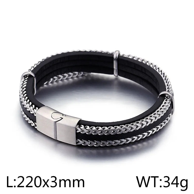 Hip-Hop Retro Color Block Stainless Steel Pu Leather Plating Chain 18K Gold Plated Men's Bangle