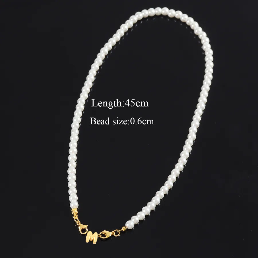 304 Stainless Steel Artificial Pearl Beaded Chain Letter Pendant Necklace
