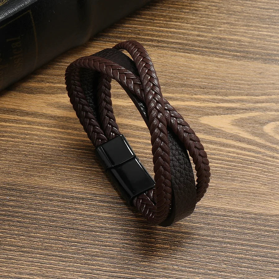 Punk Solid Color Pu Leather Braid Men's Bangle Men Cord & Leather Bracelets
