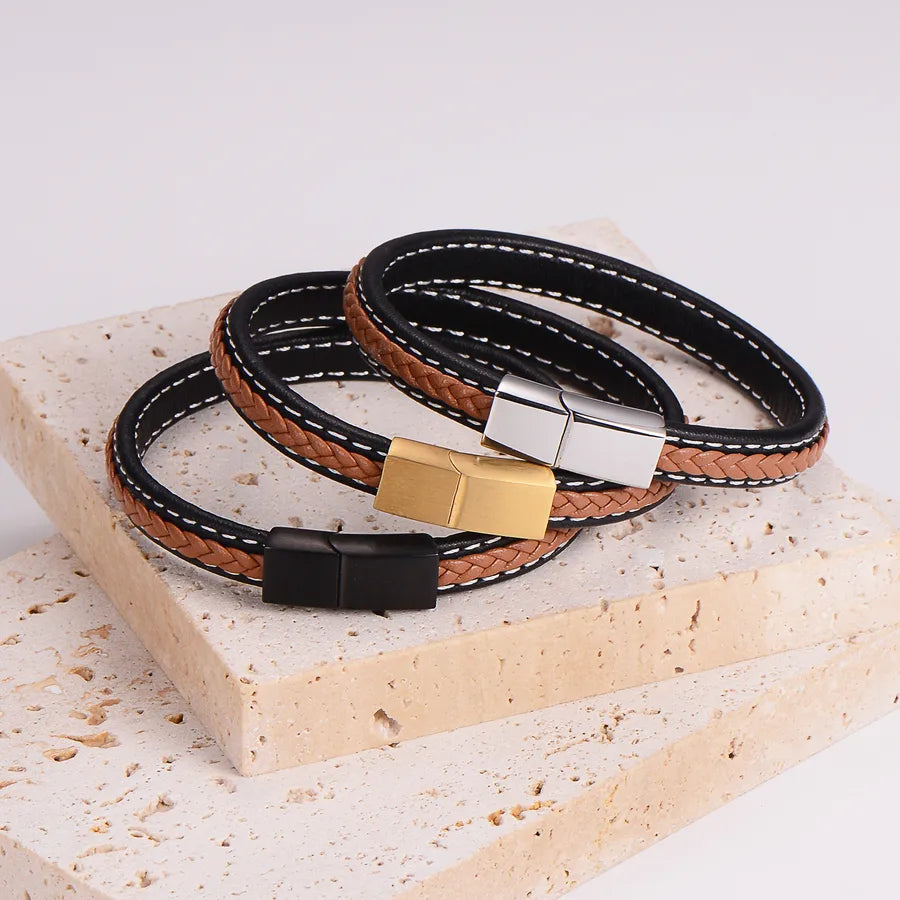 Elegant Color Block 304 Stainless Steel Pu Leather Braid Men's Bracelets Men Cord & Leather Bracelets