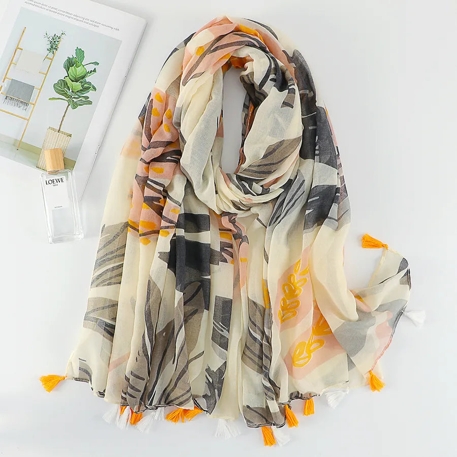 women's retro color block polyester printing scarf