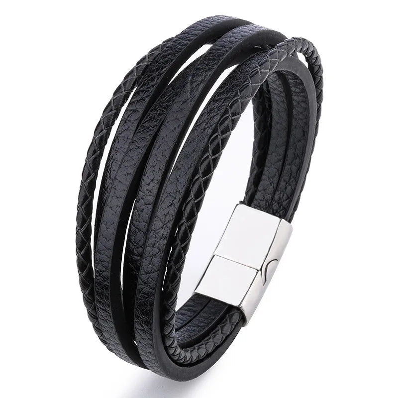 Retro Simple Style Solid Color Pu Leather Alloy Magnetic Buckle Layered Plating Men's Bracelets Men Cord & Leather Bracelets