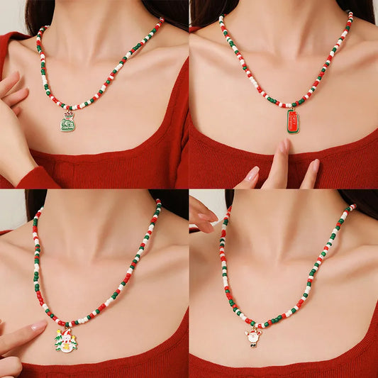 Christmas Themed Double Layered Necklace With Santa Claus Design Glass Beads Clavicle Chain Jewelry Accessory For Unisex Use