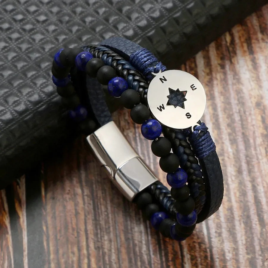 Casual Simple Style Compass Stainless Steel Pu Leather Men's Bangle