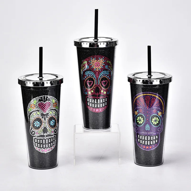 new double-layer plastic straw cup creative halloween skull head large capacity drink cup