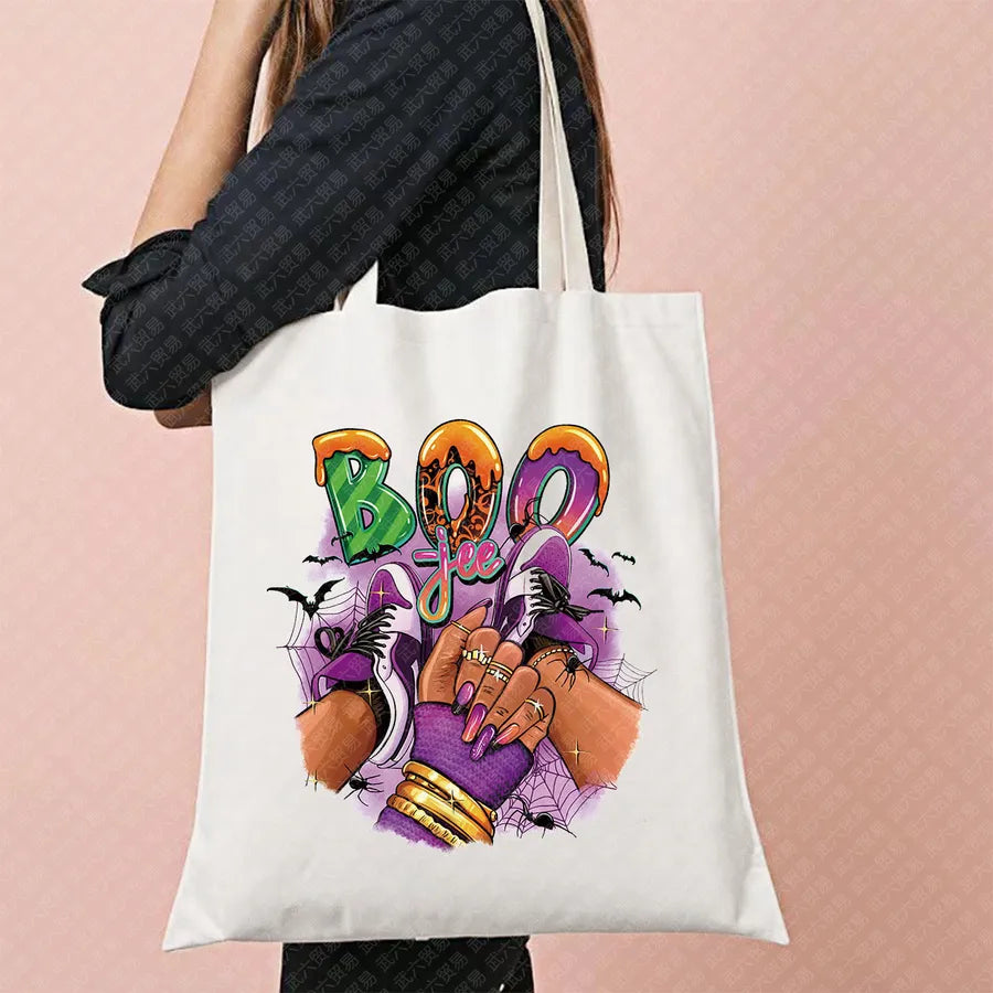 Halloween Movie Pattern Canvas Tote Bag Reusable Shopping Shoulder Bag Travel Large Square Printed Handbag Retro Style Women