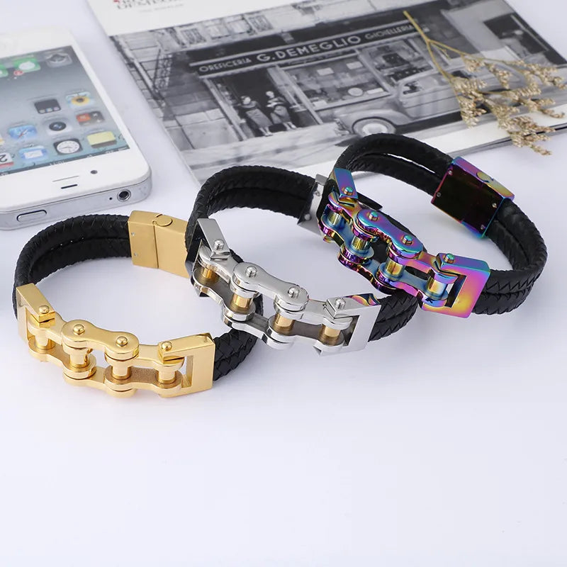 rock punk geometric pu leather titanium steel braid chain men's bangle