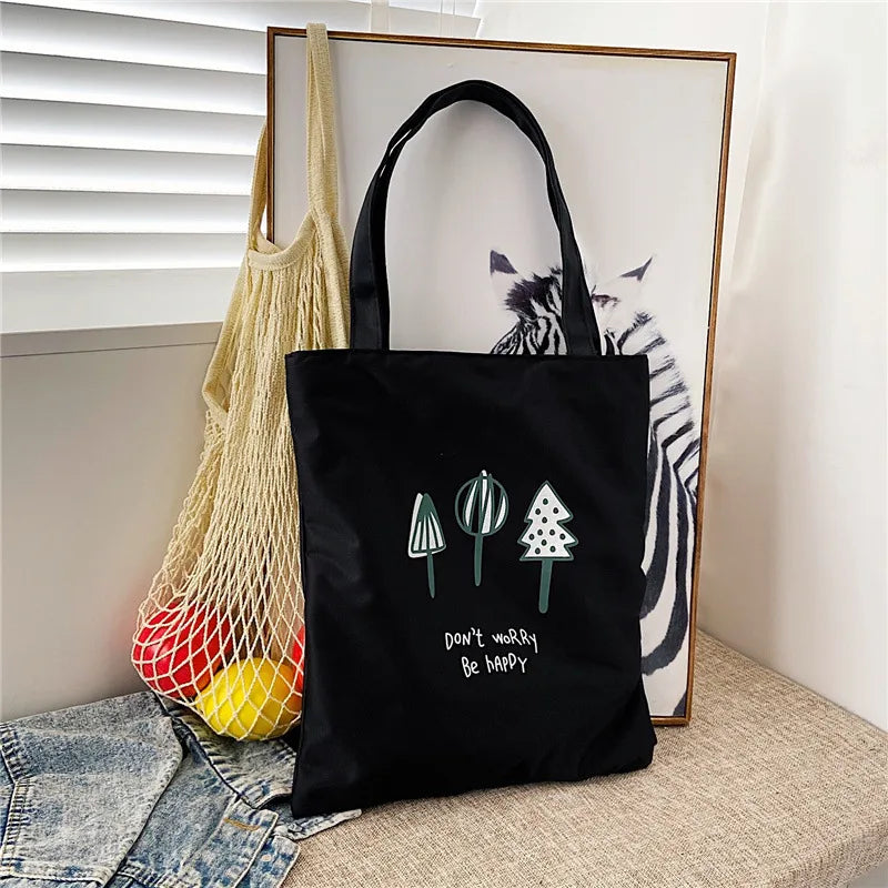 Women's Cute Basic Animal Letter Fruit Canvas Shopping bags