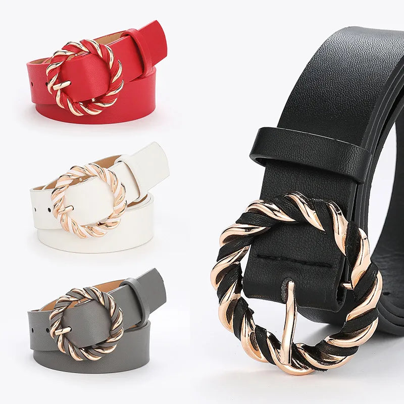 retro round solid color pu leather alloy women's leather belts